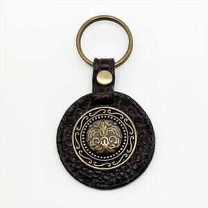 Vintage Genuine Leather and Metal Medallion Round Keychain Gold Tone